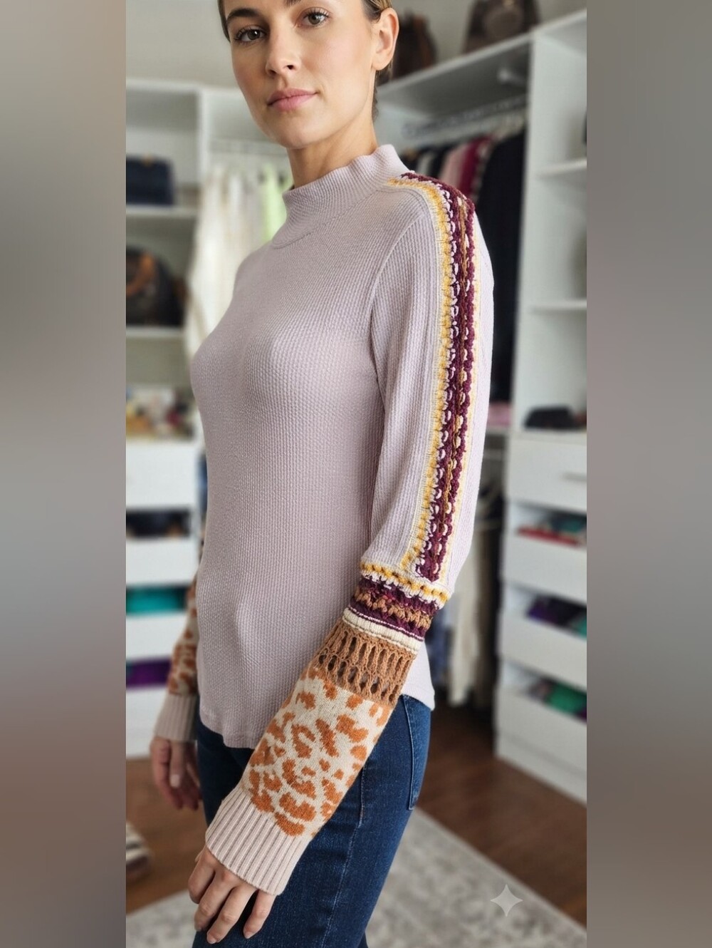 Free People Dusty Pink Mock Neck Sweater with Multicolor Sleeve Accents